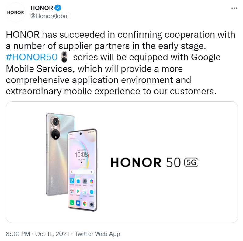 Honor 50 xác nhận được được sử dụng Google Mobile Service ảnh 1