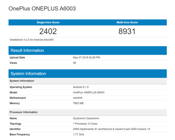 OnePlus 6 với RAM 8GB, Snapdragon 845 xuất hiện trên Geekbench ảnh 2