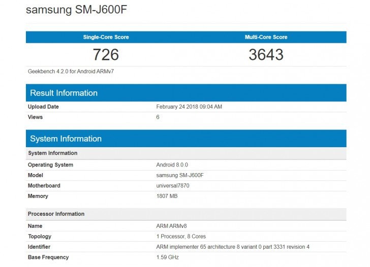 Galaxy J6 xuất hiện trên Geekbench với chip Exynos 7870 ảnh 2