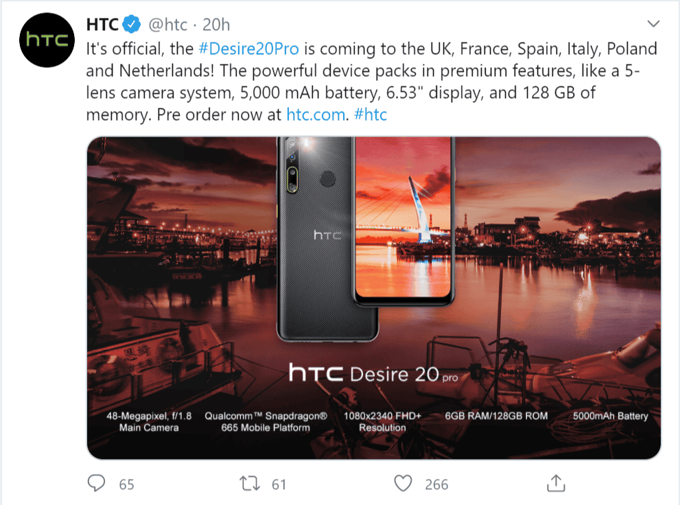 HTC Desire 20 Pro ra mắt tại châu Âu, thiết kế đẹp, pin 5000 mAh, giá 8 triệu ảnh 3