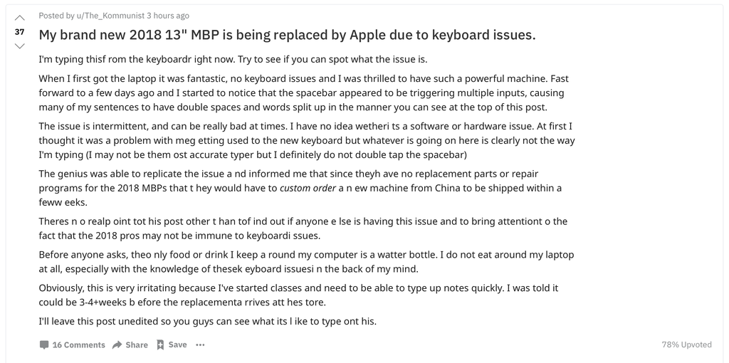 Bàn phím Macbook Pro 2018 tiếp tục gặp lỗi, Apple không có linh kiện thay thế ảnh 2