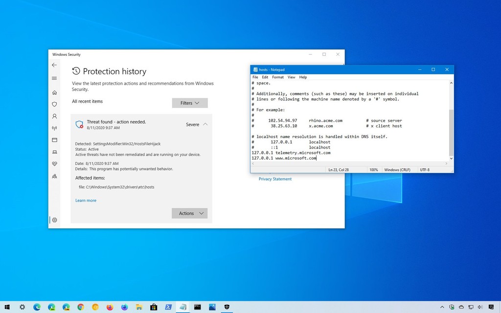 Microsoft Defender cảnh báo các chỉnh sửa trong tệp hosts là mối đe dọa nghiêm trọng ảnh 1